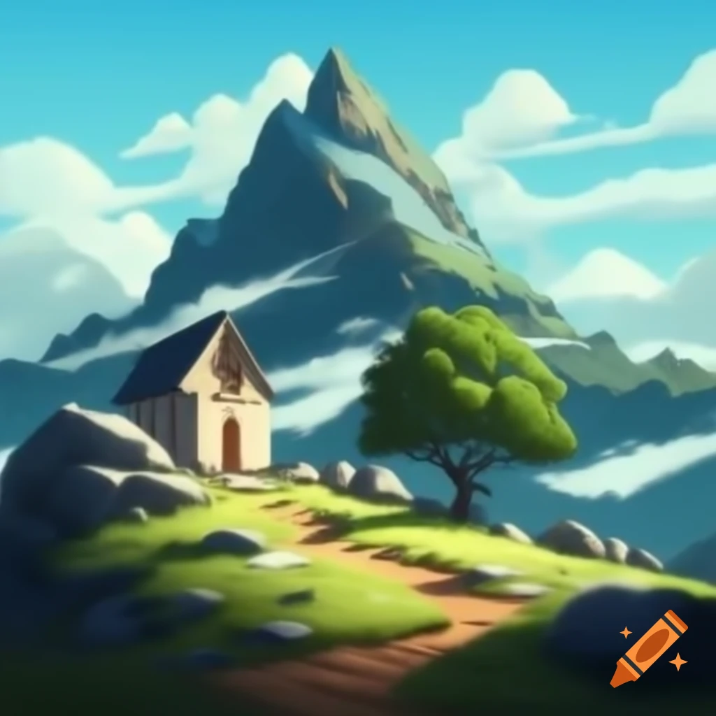 Chapel in mountain clearing with tree growing in the middle