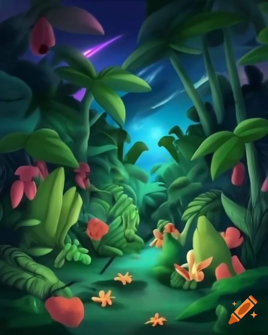 Viral anime nature wallpaper in 4K featuring fantastical jungle with oversized plants and vibrant flowers