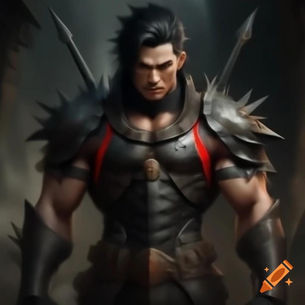 Muscular male in black spiked plate armor wielding a two-handed sword