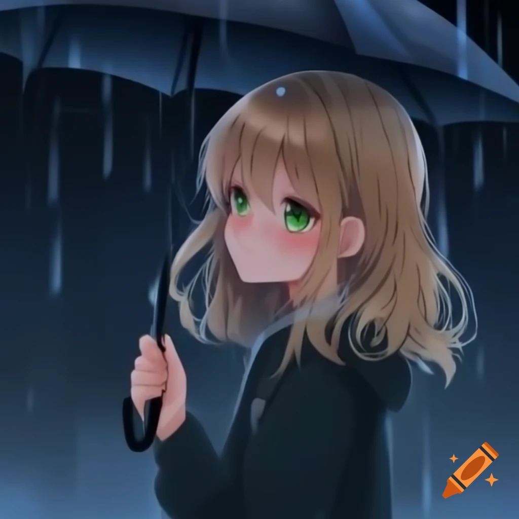 Anime girl with blonde wavy hair and green eyes holding umbrella in the rain at night