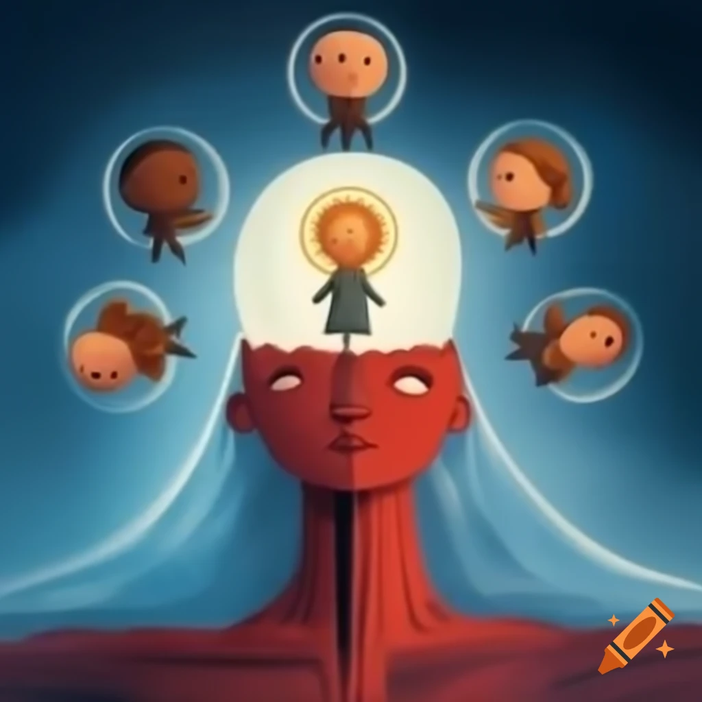 Abstract depictions of four scenes emerging from a mind's perception