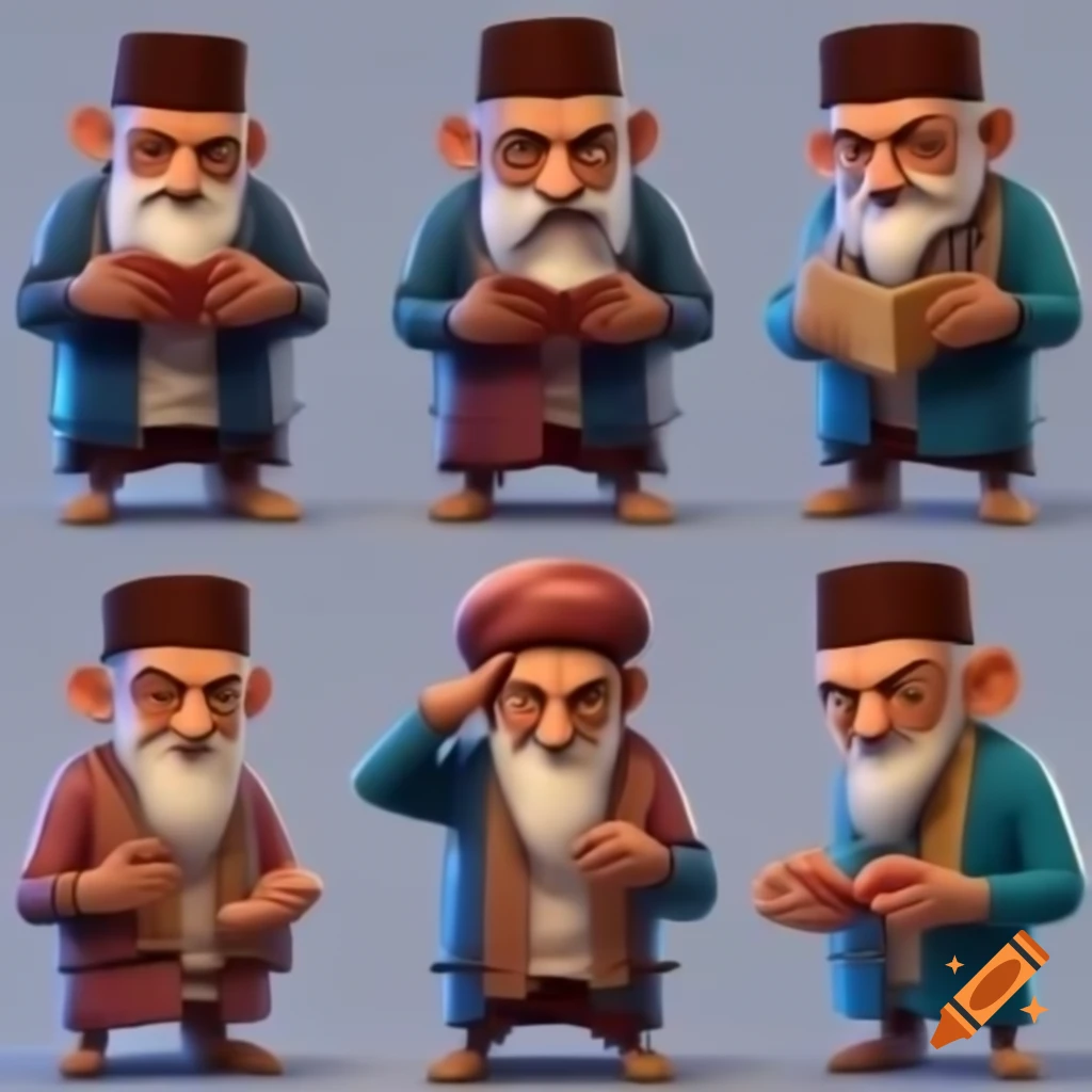 Character sheet of Arabic Muslim old man in various poses and emotions, comic book style