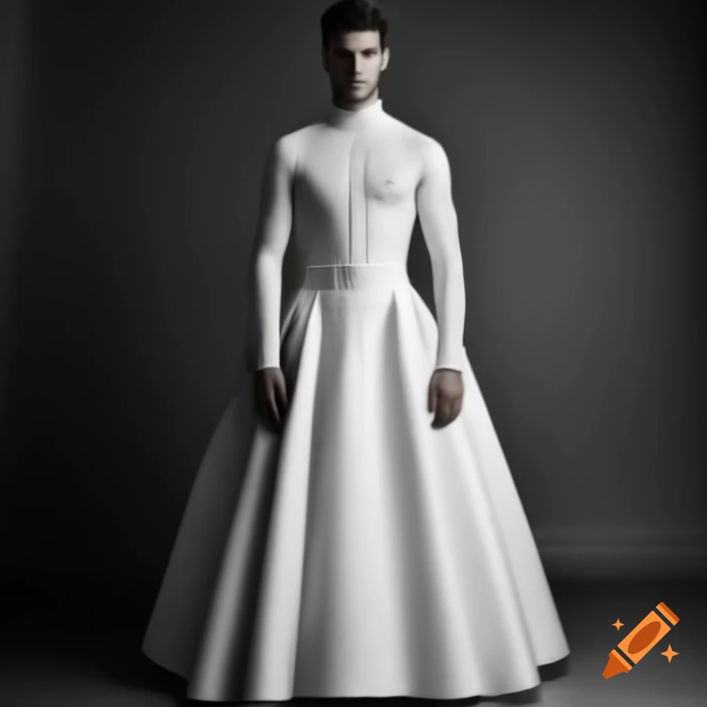 Handsome young man in full-length wedding dress with long sleeves and high collar
