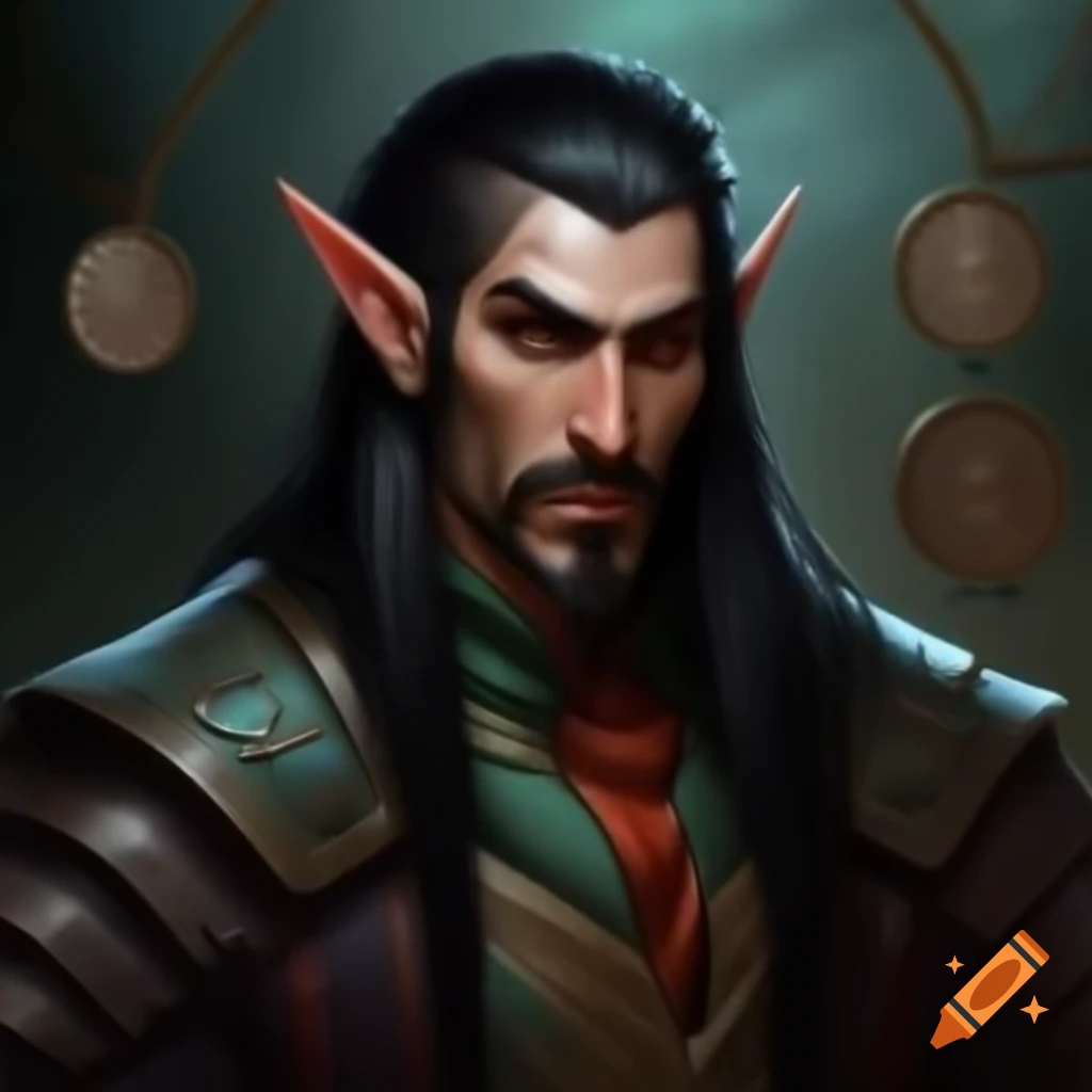 Imposing male elf with black hair in regal sorcerer outfit holding a quarterstaff