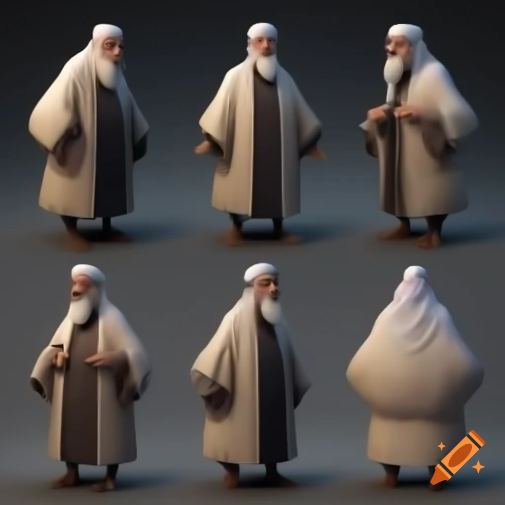 Character sheet of Arabic Muslim old man in various poses and emotions