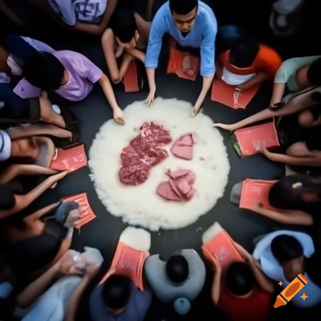 Plate of rice with meat blended with scene of people protesting for justice