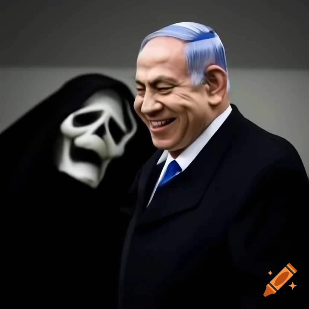 Benjamin Netanyahu laughing alongside grim reaper