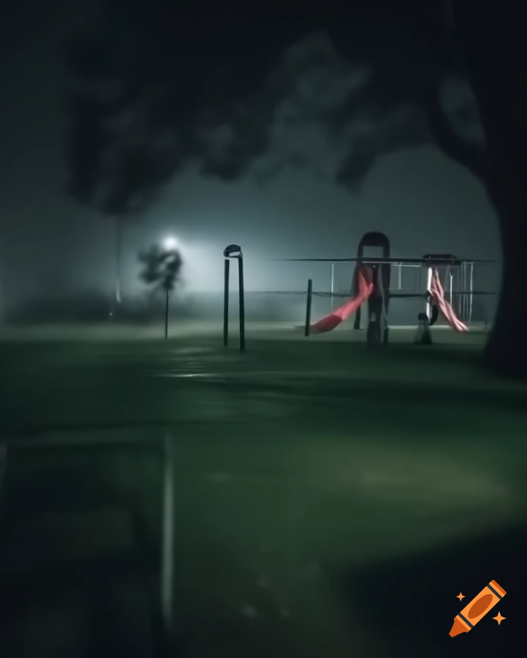 Eerie liminal dark night landscape with foggy playground and swings