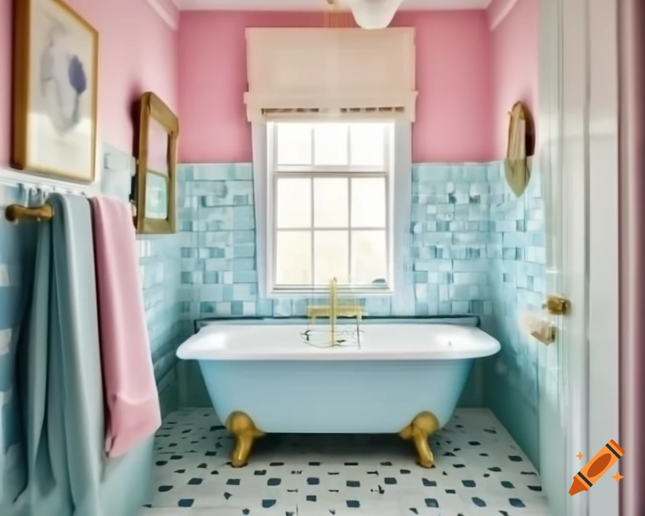 Elegant pastel bathroom design with pink walls and white clawfoot bathtub