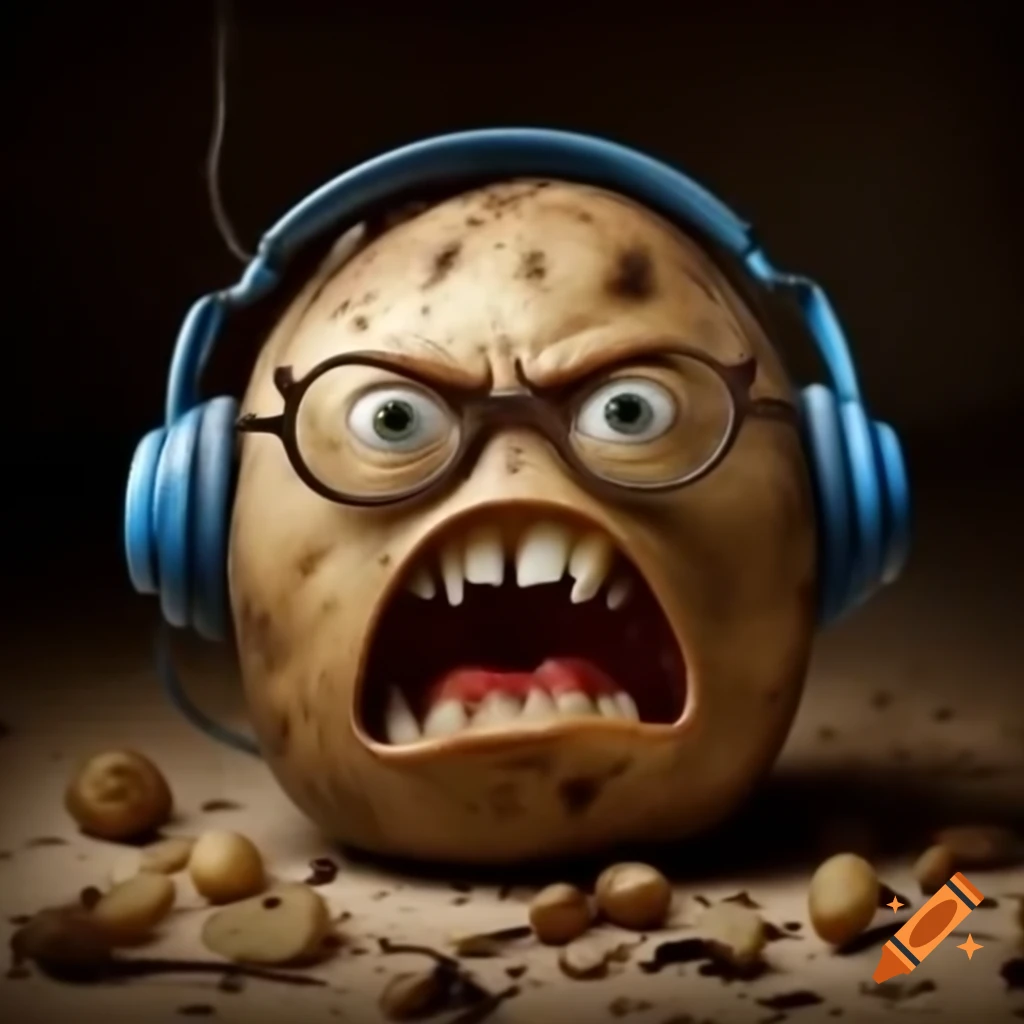 Humorous angry potato with rotten teeth and wire-framed spectacles, wearing blue
