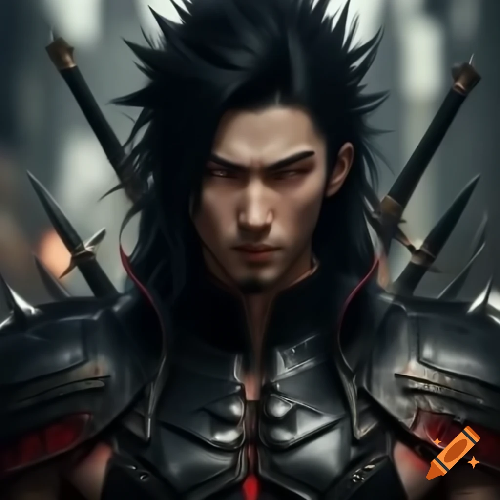 Muscular male in black spiked plate armor wielding a two-handed sword