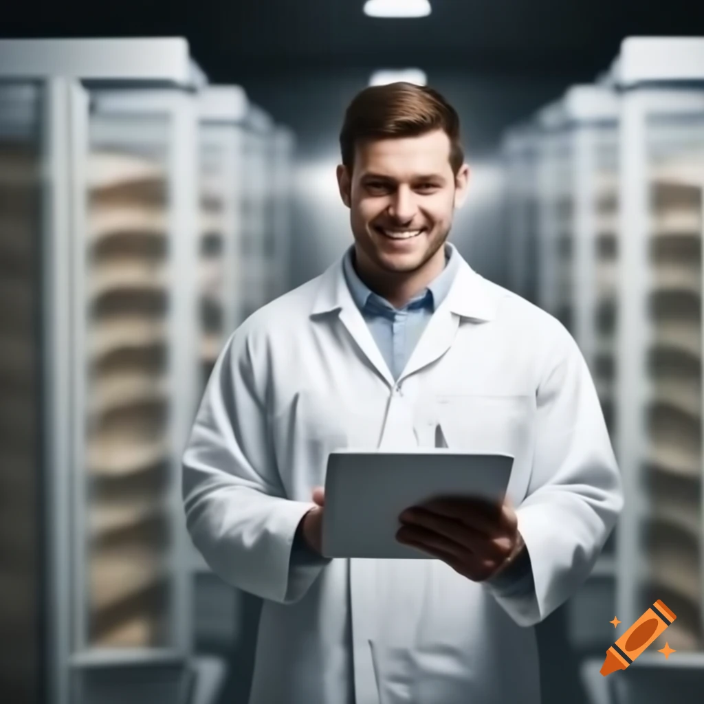 Young American quality manager smiling with iPad in front of large egg incubator