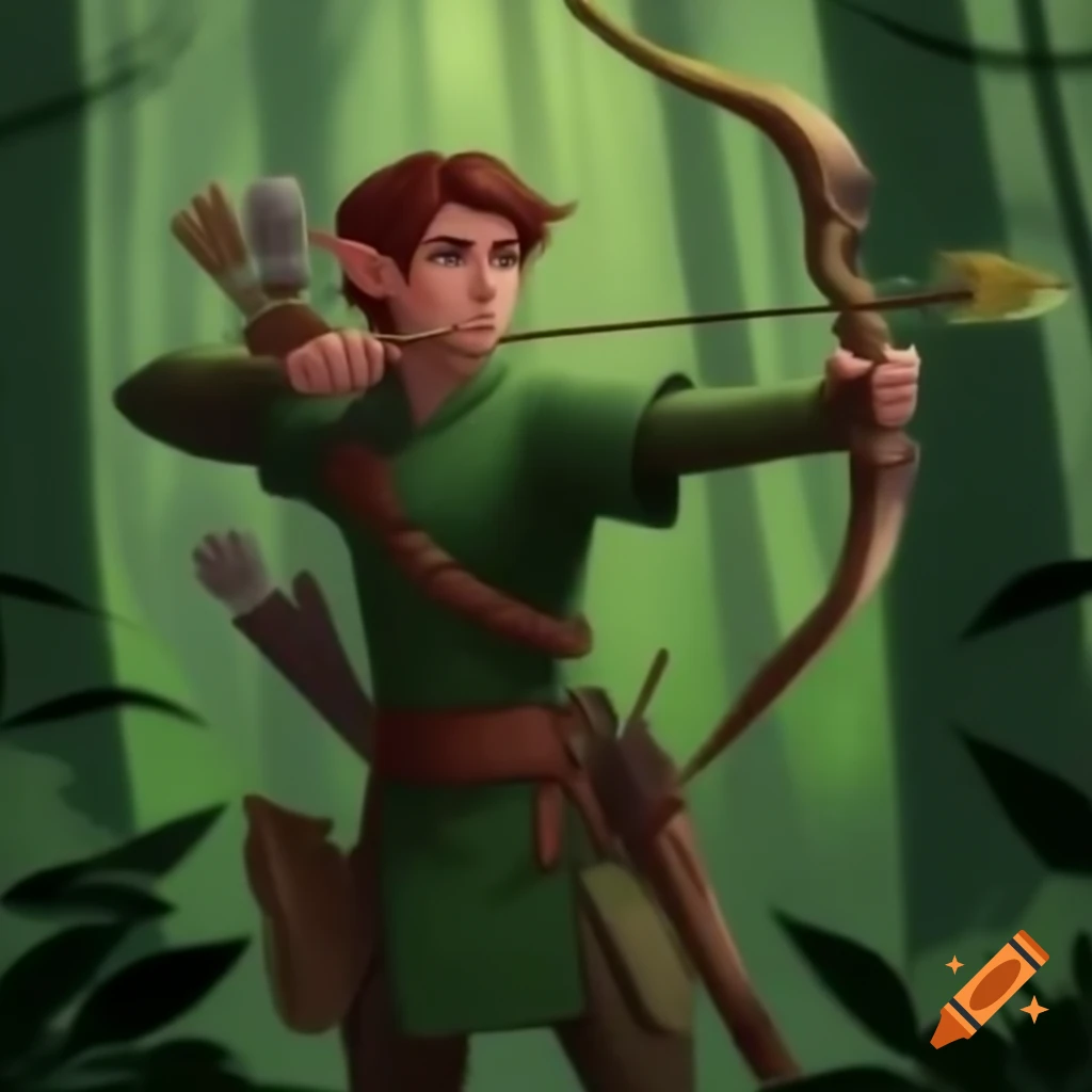 Male elf archer with longbow in forest setting