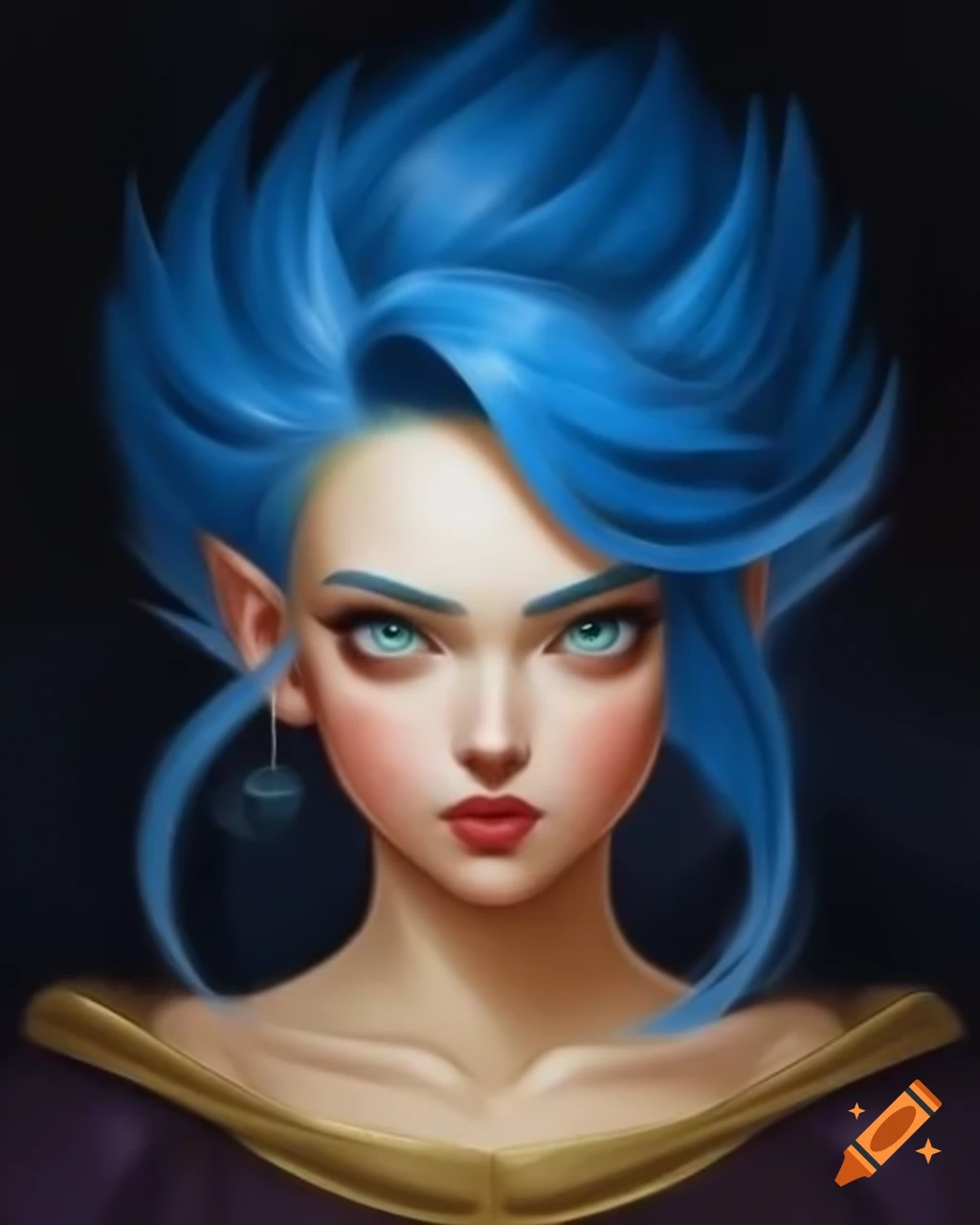Oil painting of blue-haired Bulma from Dragon Ball, inspired by Ted Nasmith and Alphonse Mucha