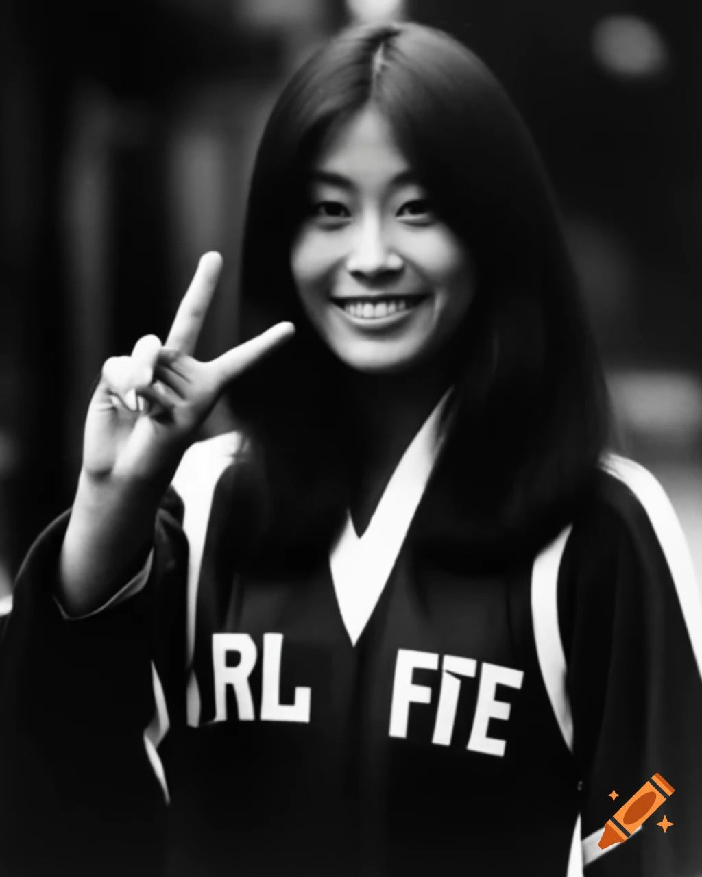 Vintage paparazzi photo of smiling Japanese cheerleader doing peace sign in street