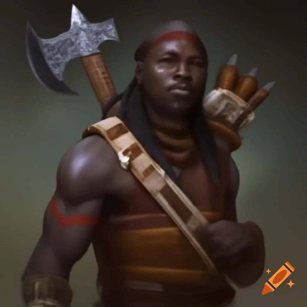 Strong man in metal armor wielding bow and axe as a warrior