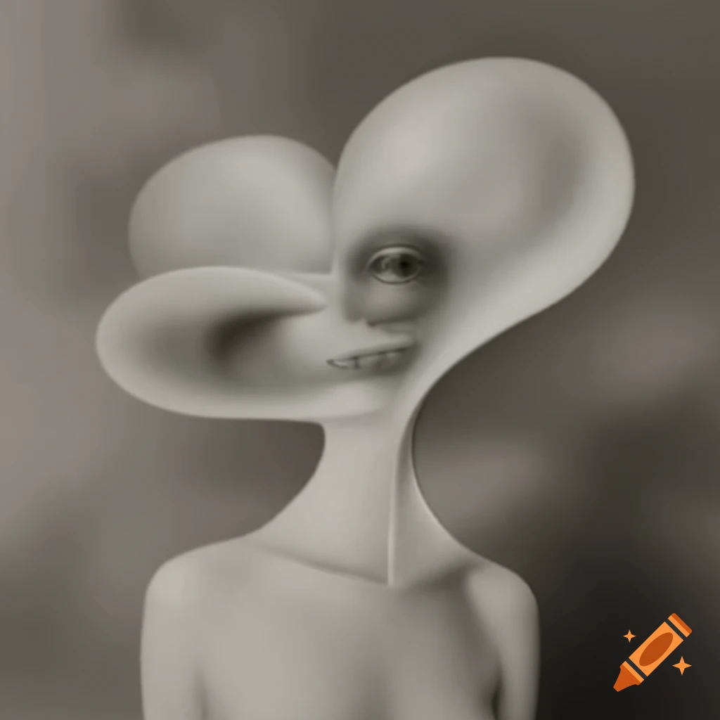 Surrealist artwork in black, white, grey, and sepia tones