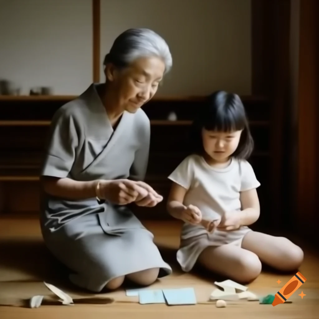 Japanese grandmother and granddaughter making origami together