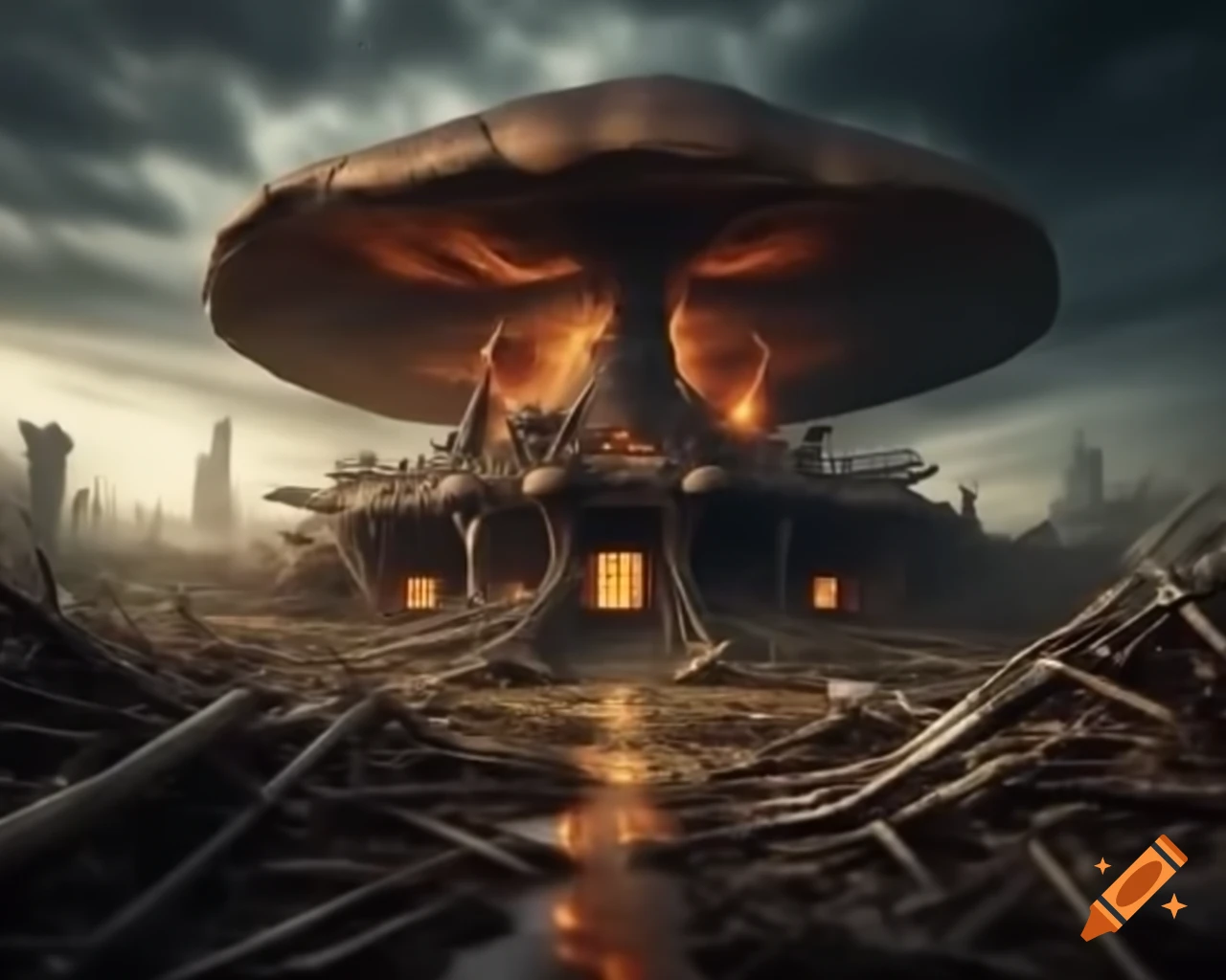 Post-apocalyptic mushroom house with tornado and ruins in dramatic scene