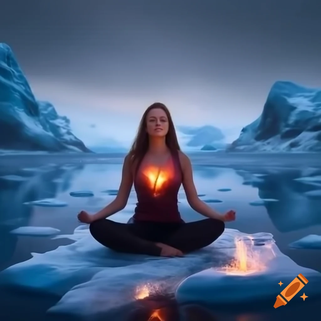 Woman meditating in icy tundra with fire in her heart