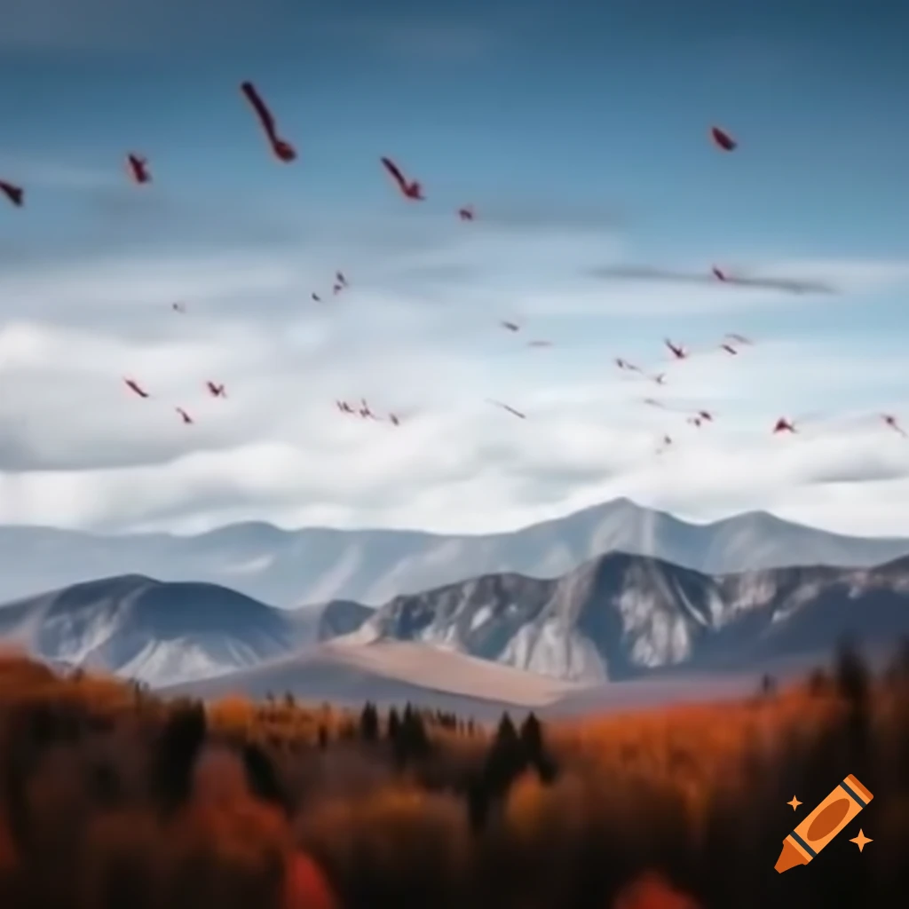 Fall mountains with red birds flying under strong wind
