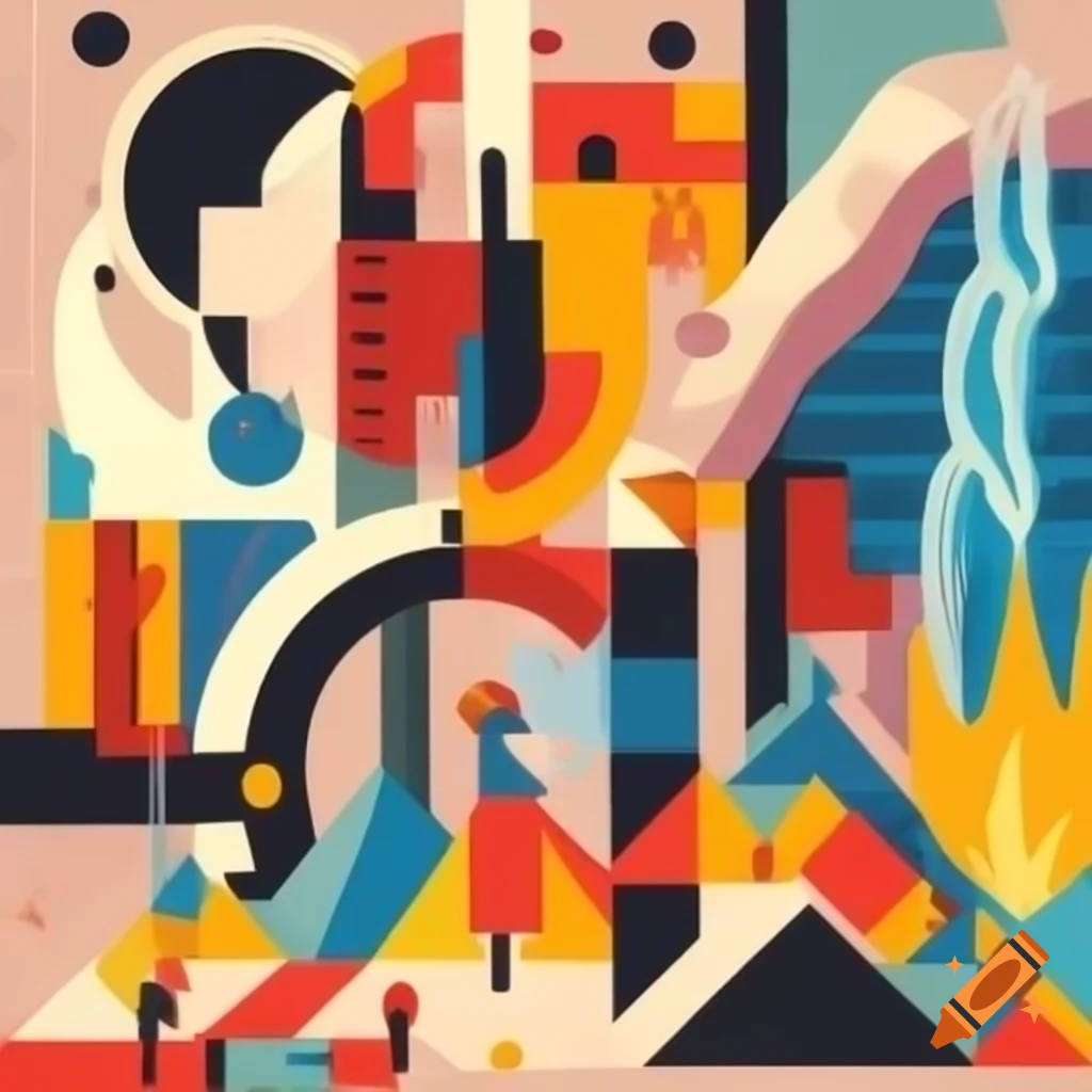 Abstract cubist art featuring geometric forms representing a giant glacier and a flame