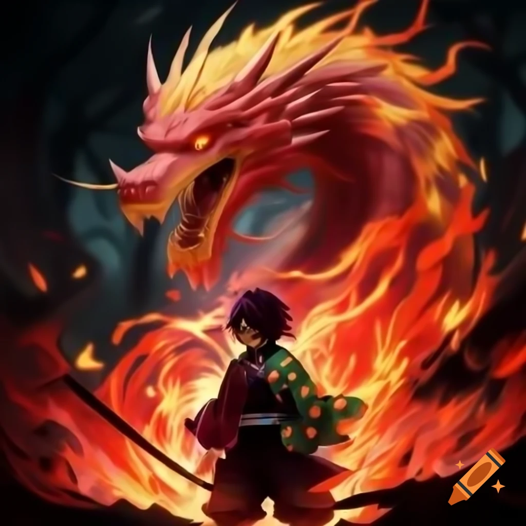 Tanjiro Kamado engaged in battle surrounded by flames, performing Hinokami Kagura