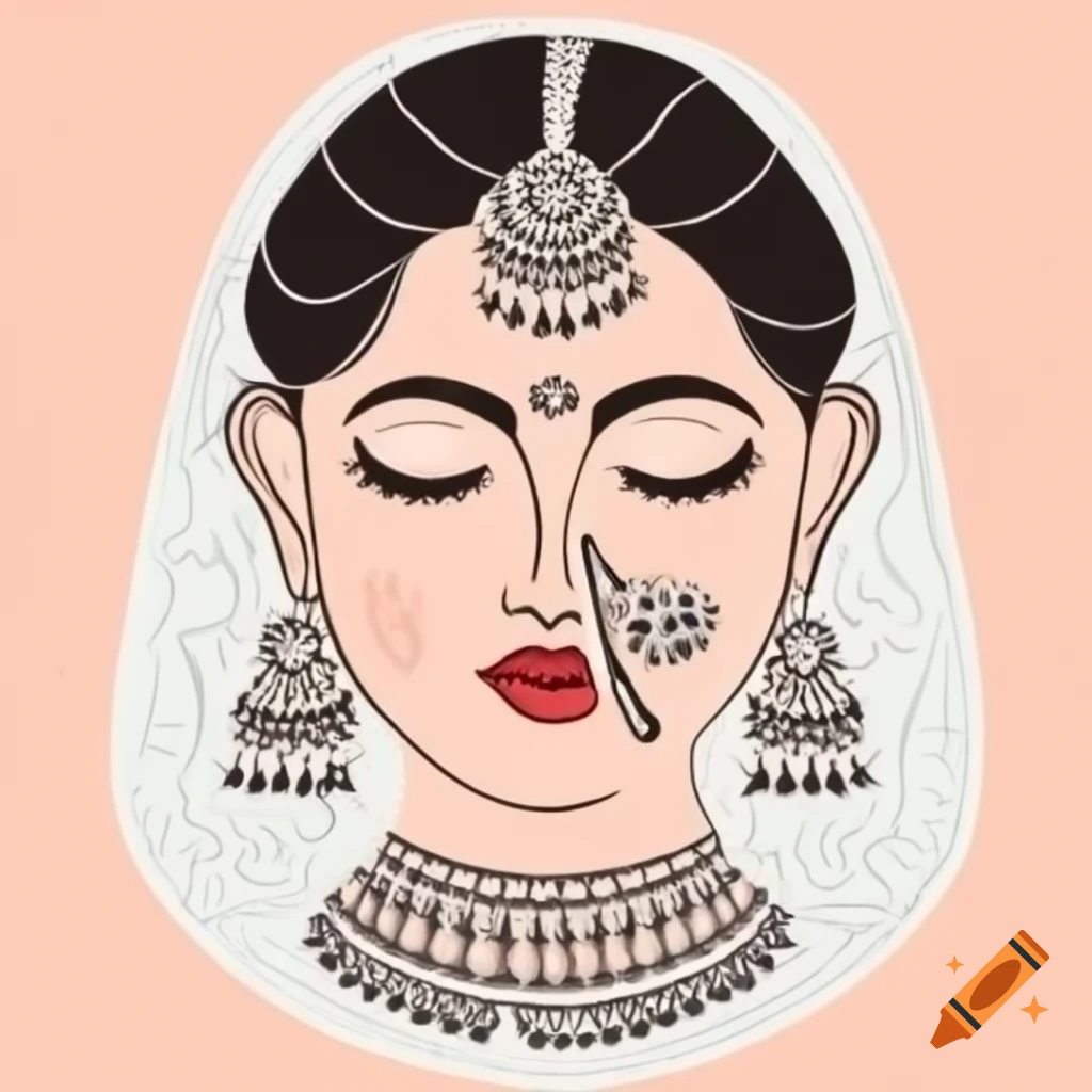 Indian bridal portrait in vector art with hair and makeup, line art style