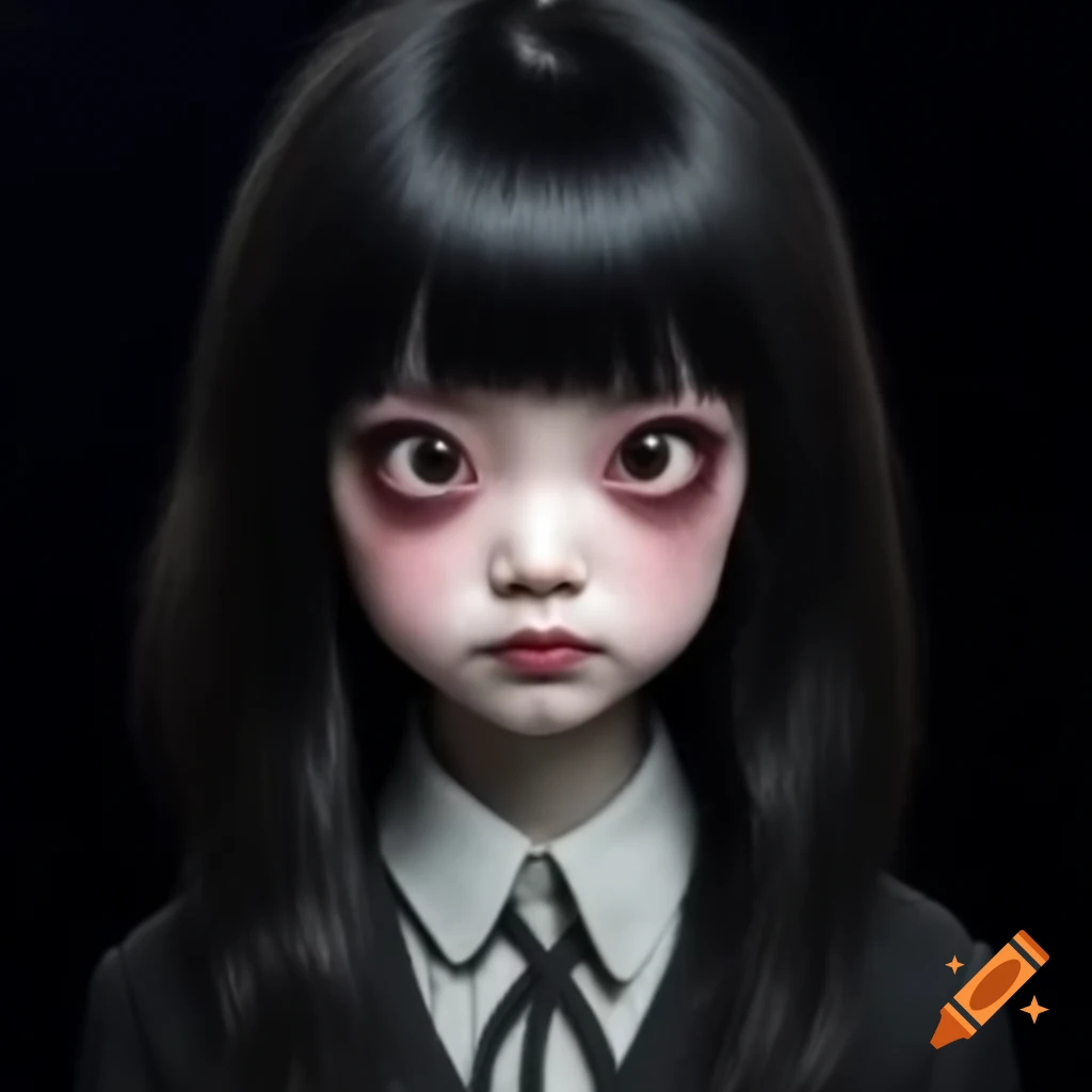 Eerie depiction of Junji Ito's Tomie with big eyes and dark background, hyper realistic