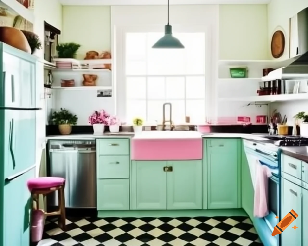 1950s kitchen with mint green cabinets and pastel appliances