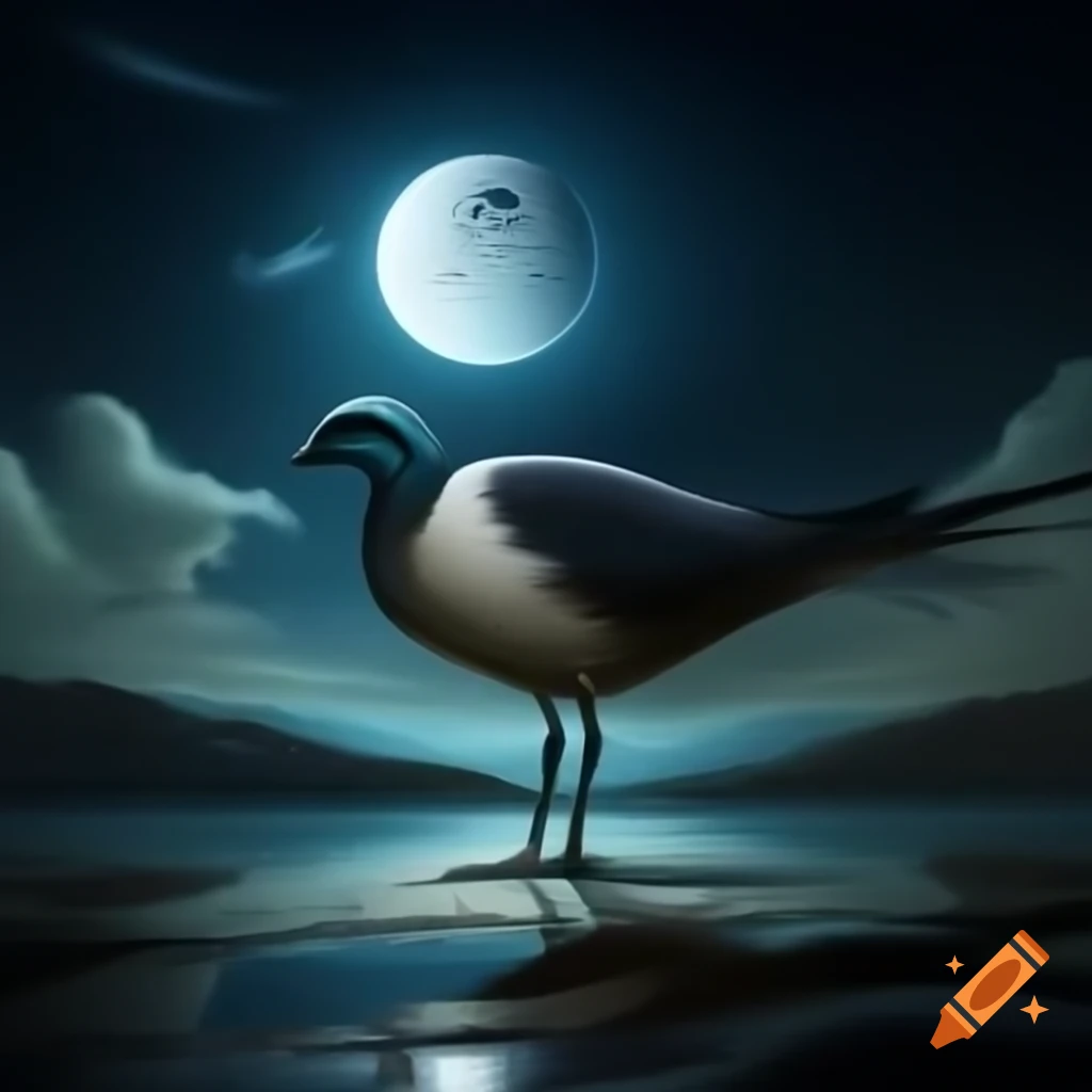 Surreal digital painting of a bird on a branch under a deep-colored moonlit night