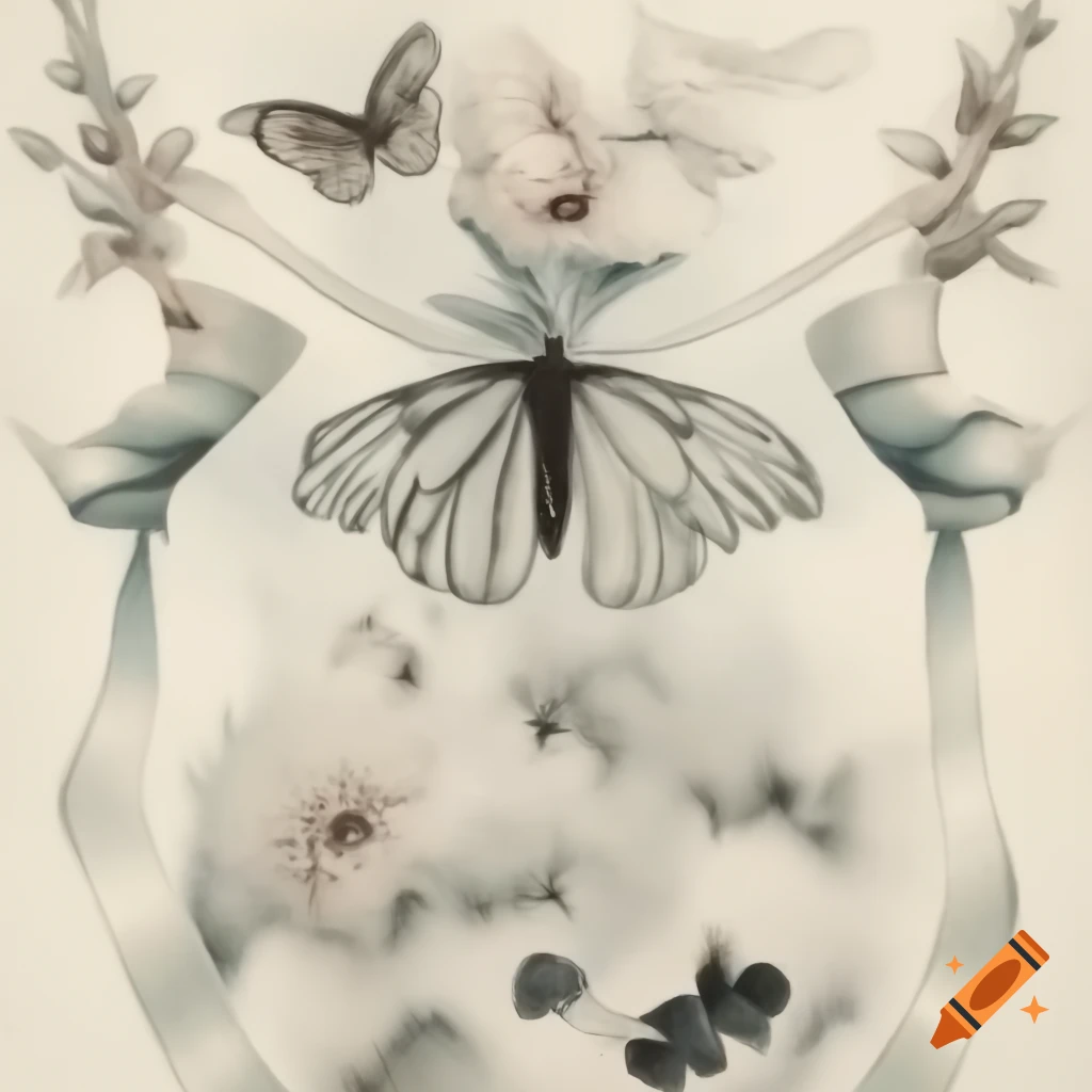 Surreal monochrome mezzotint with butterfly, ribbon, and flowers in renaissance style