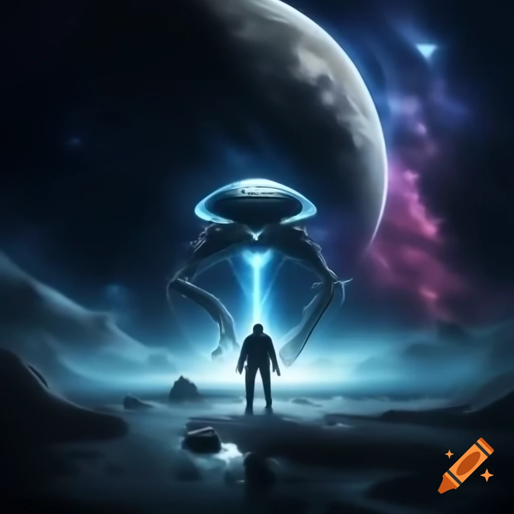 Surreal cosmic amphitheater with A.I. powered dreamweavers fighting Zarkothian aliens