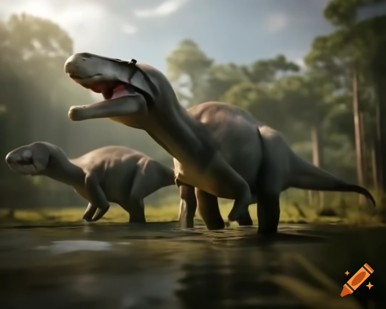 Iguanodon dinosaurs walking along sunny shore of forest pond, backlit