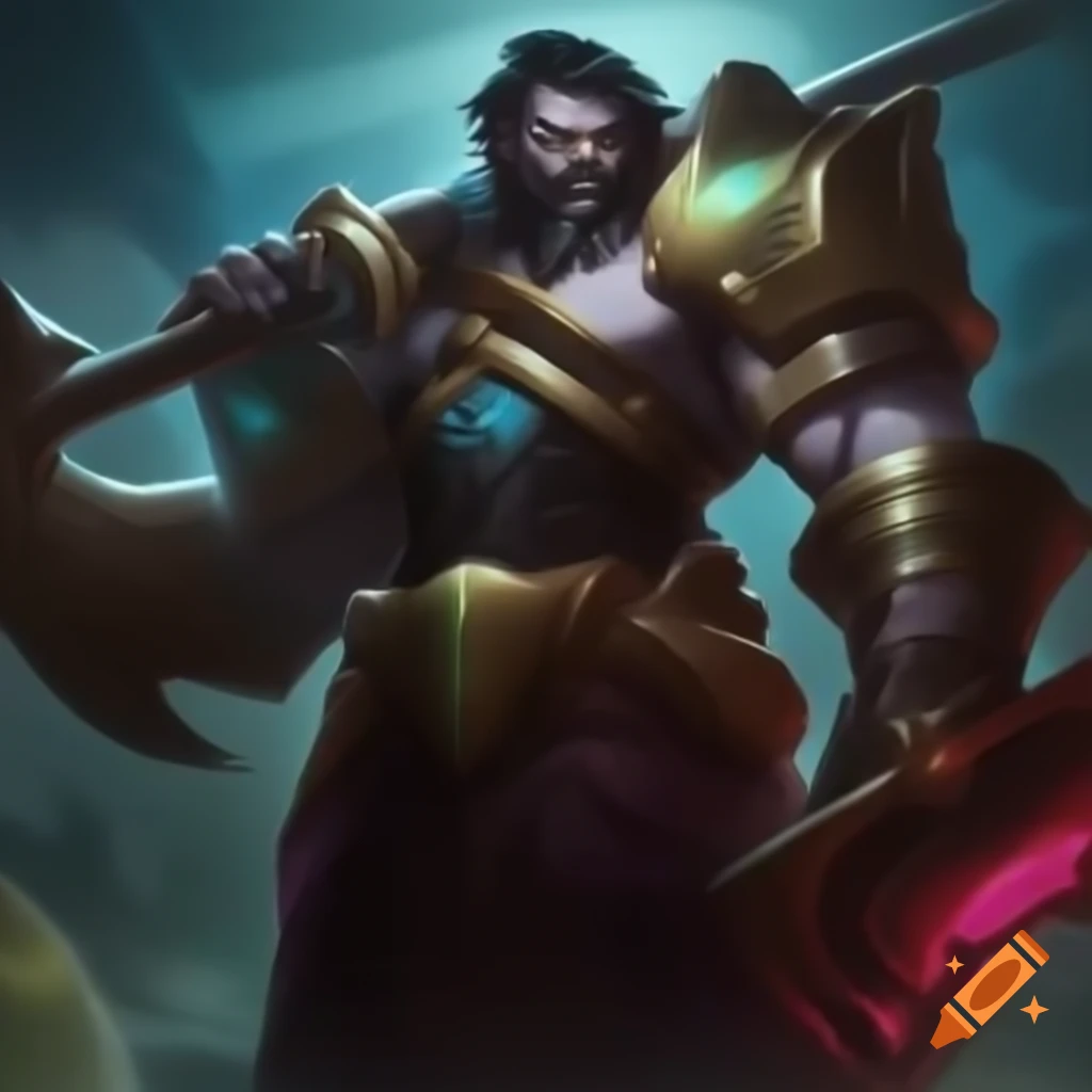 Futuristic warrior with glowing axe in ancient and modern armor
