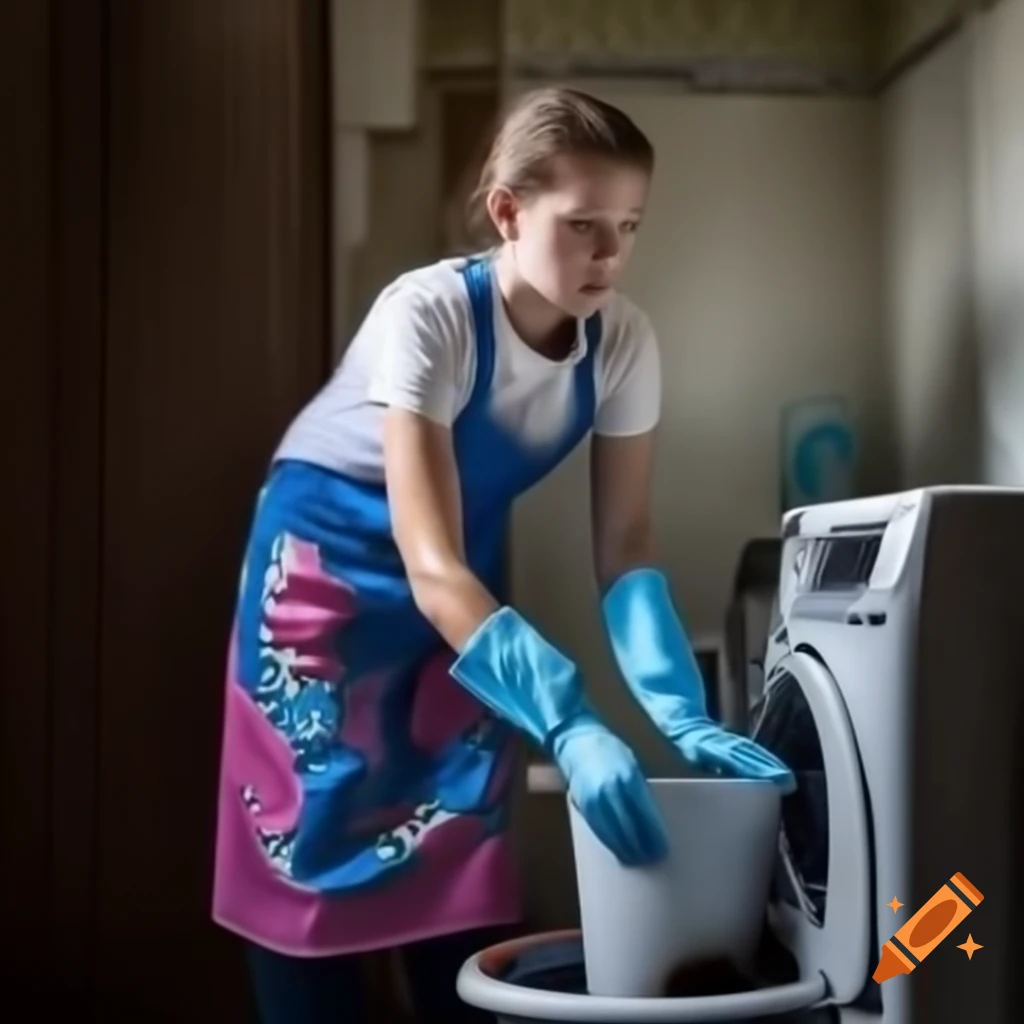 Young caucasian cleaning lady in floral apron collecting soapy water from washing machine pipe
