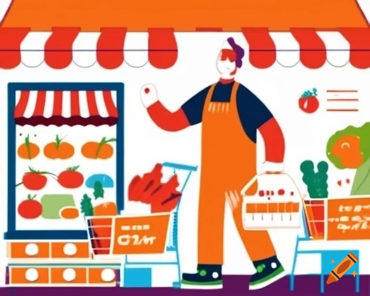 Graphic design of a person in front of a vegetable stall with various shapes