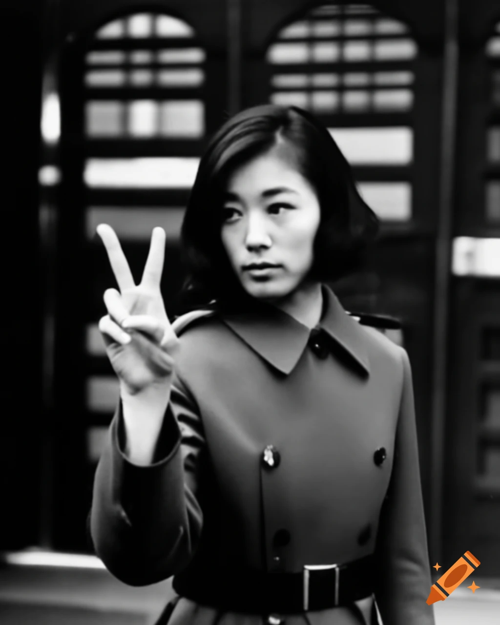 Famous Japanese actress in trench coat making peace sign at school gates, 1990 vintage photo