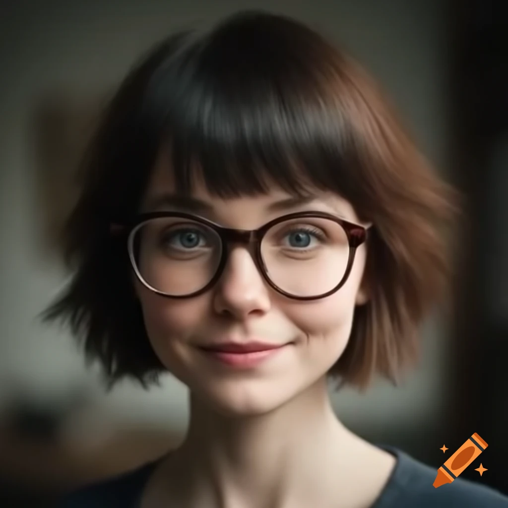Female teacher with glasses and short hair, looking beautiful and cute