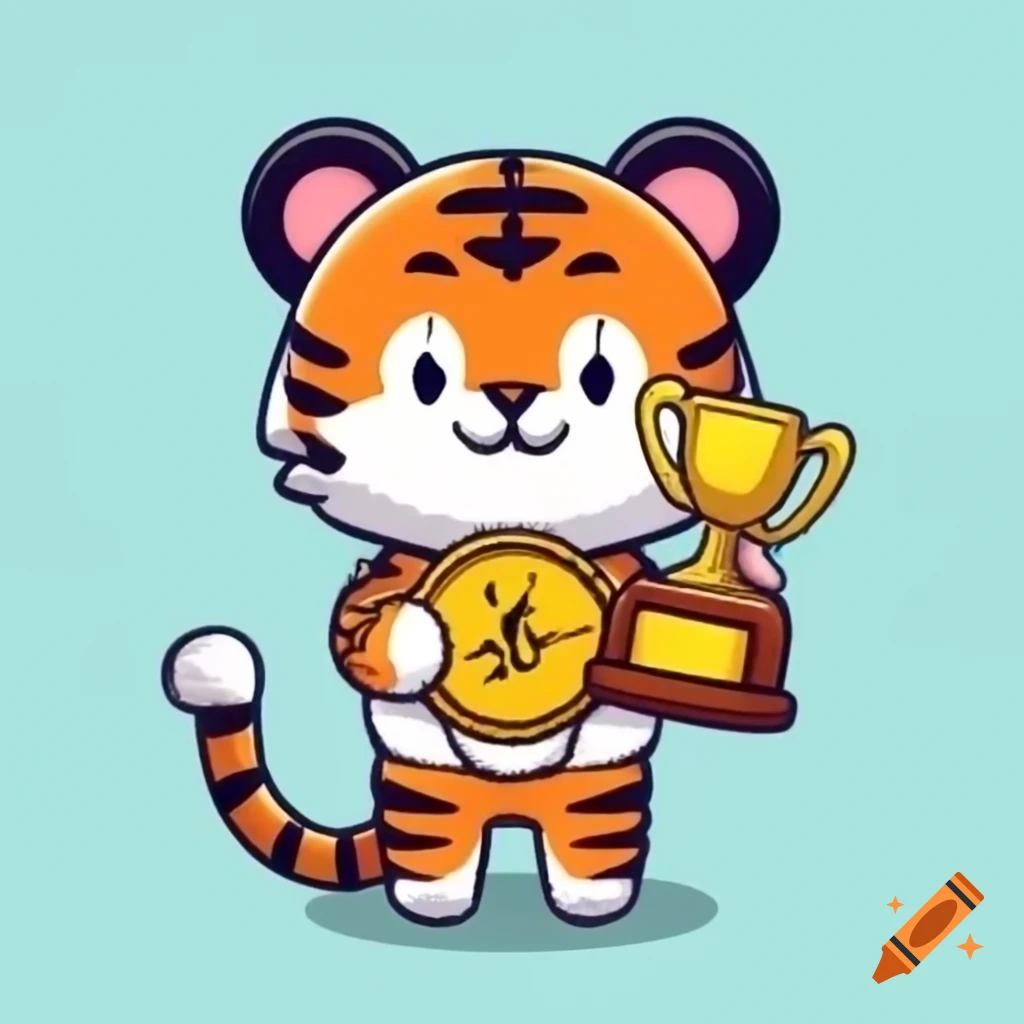 Tiger holding trophy, showcasing strength and success