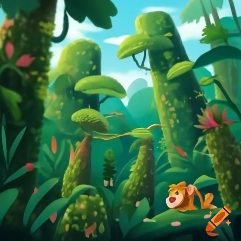 Vibrant jungle with tall trees and colorful plants featuring friendly lion and elephant