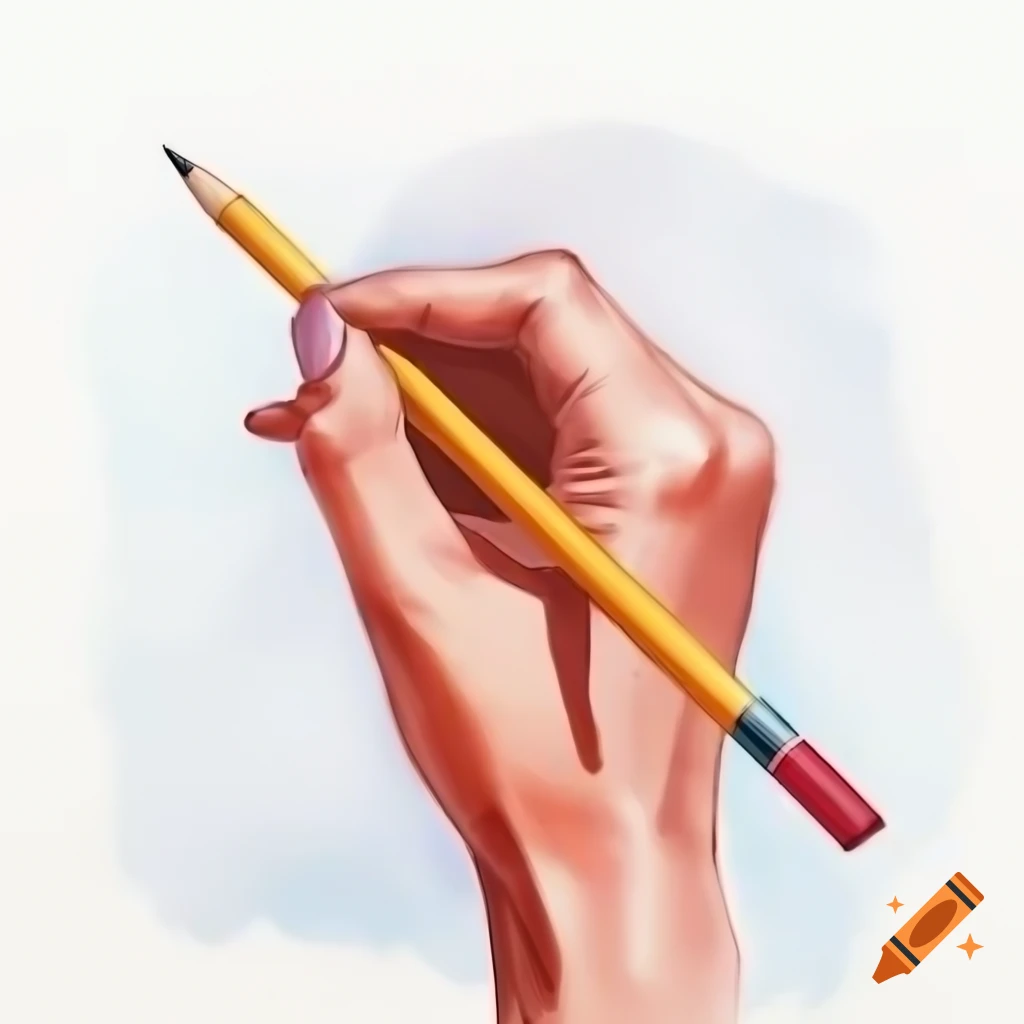Hand holding pencil on white background, watercolor style