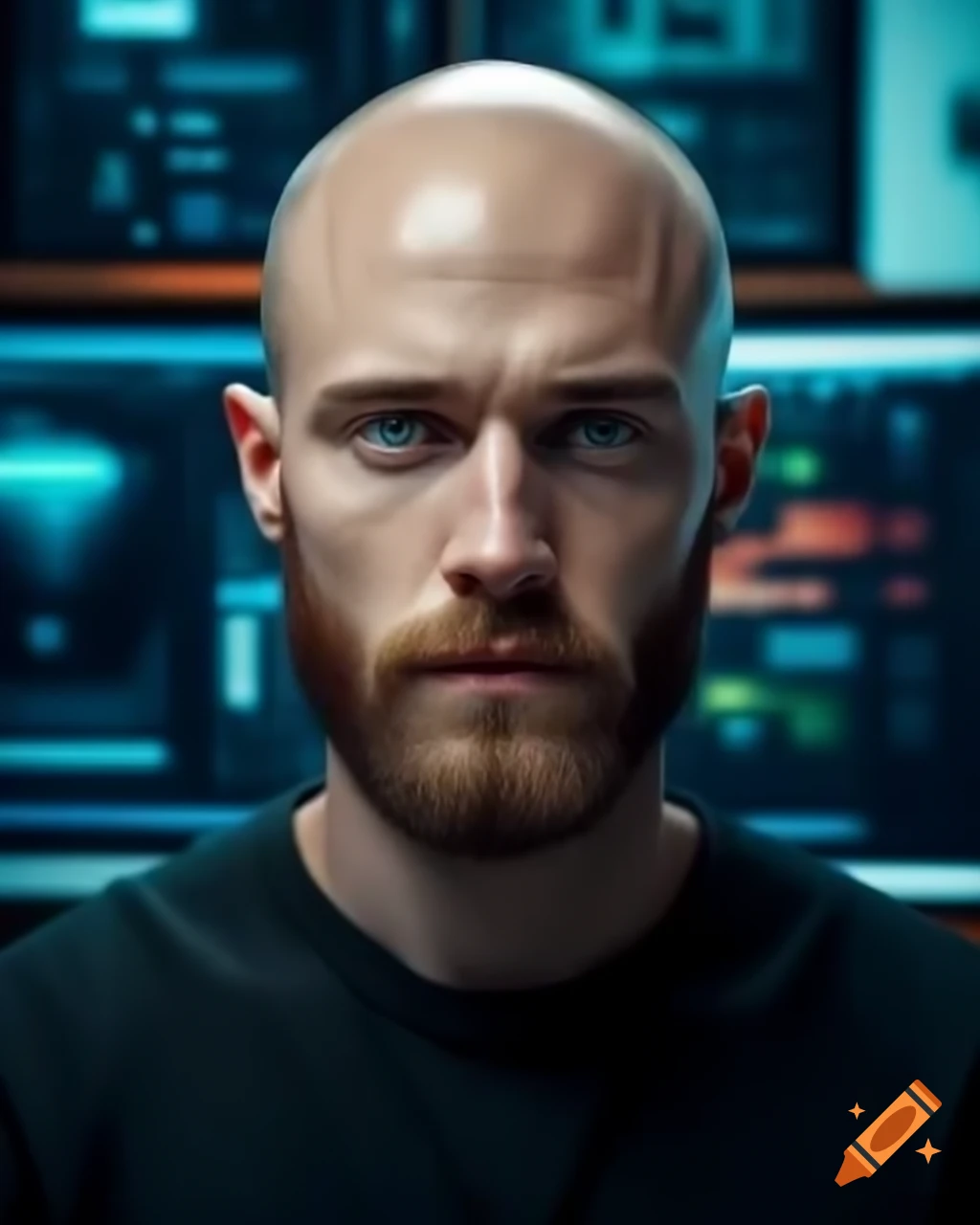 Young bald man with beard in front of computers, computer scientist