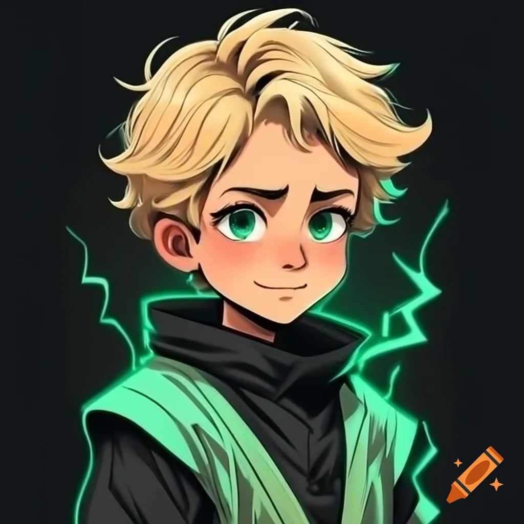 Manga style young man with blonde hair in green ninja robes using light powers