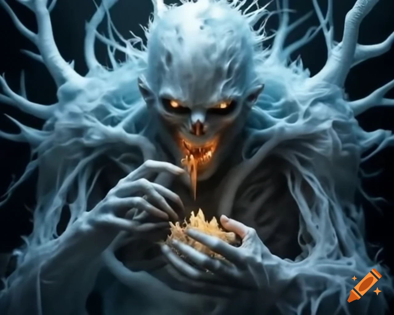 Hyper realistic ice golem with sharp teeth eating a tree