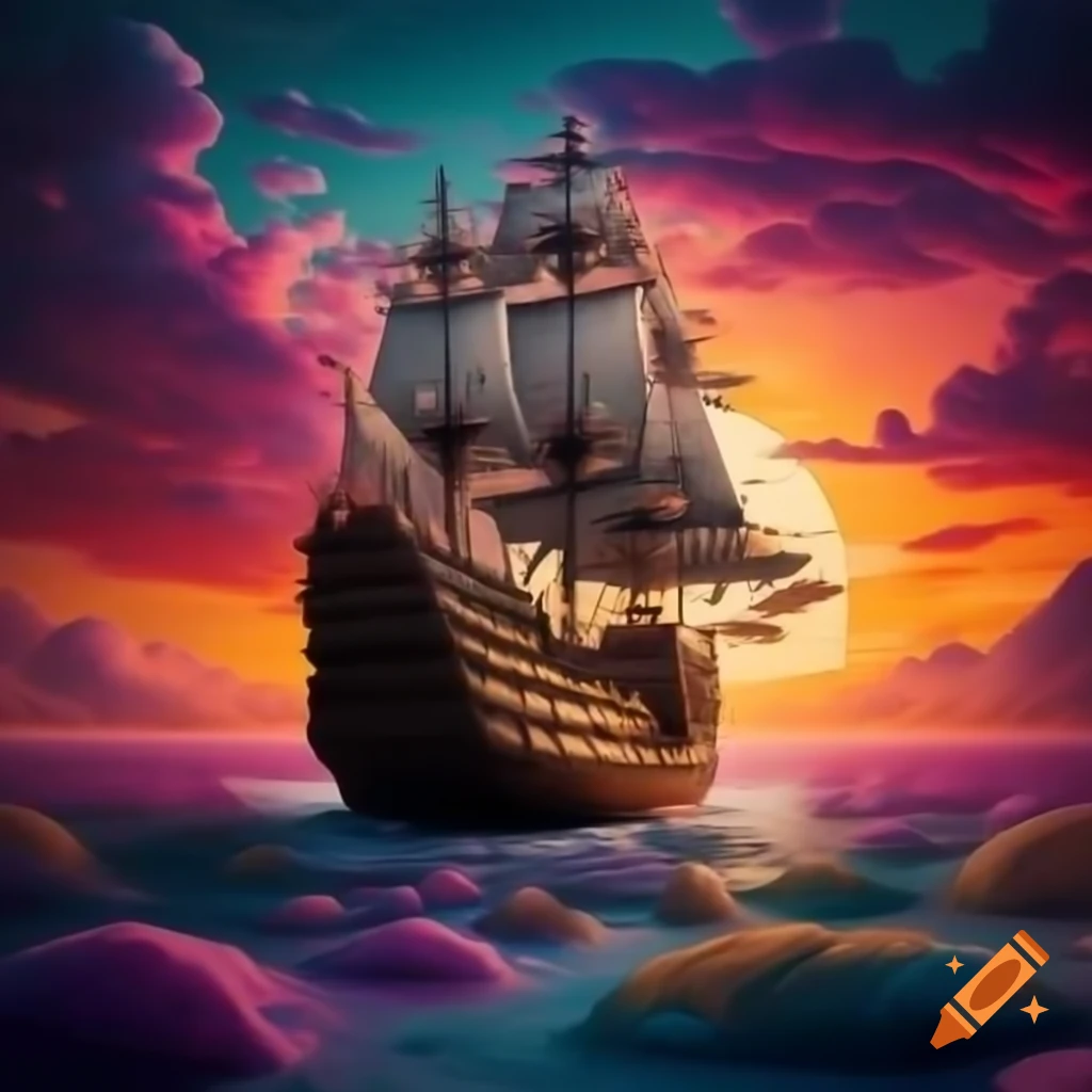 Detailed Spanish galleon in surreal colorful fluorescent sunset scene from the 60s