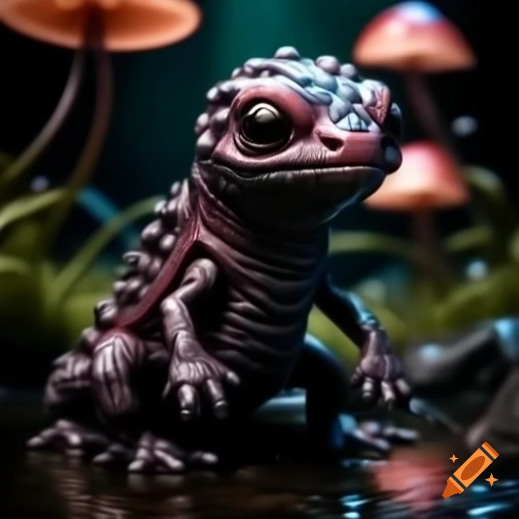 3D model of anthropomorphic salamander alien in glowing mushroom swamp
