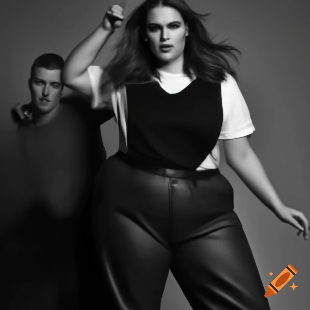 Confident plus size model in modern casual outfit with lookalike actor