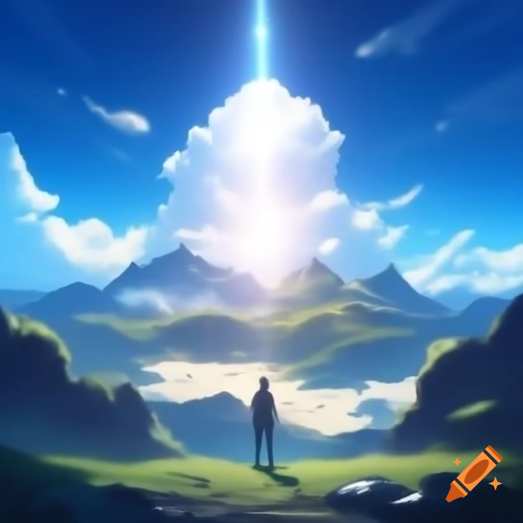 Majestic mountains with person gazing up under bright sky and light rays