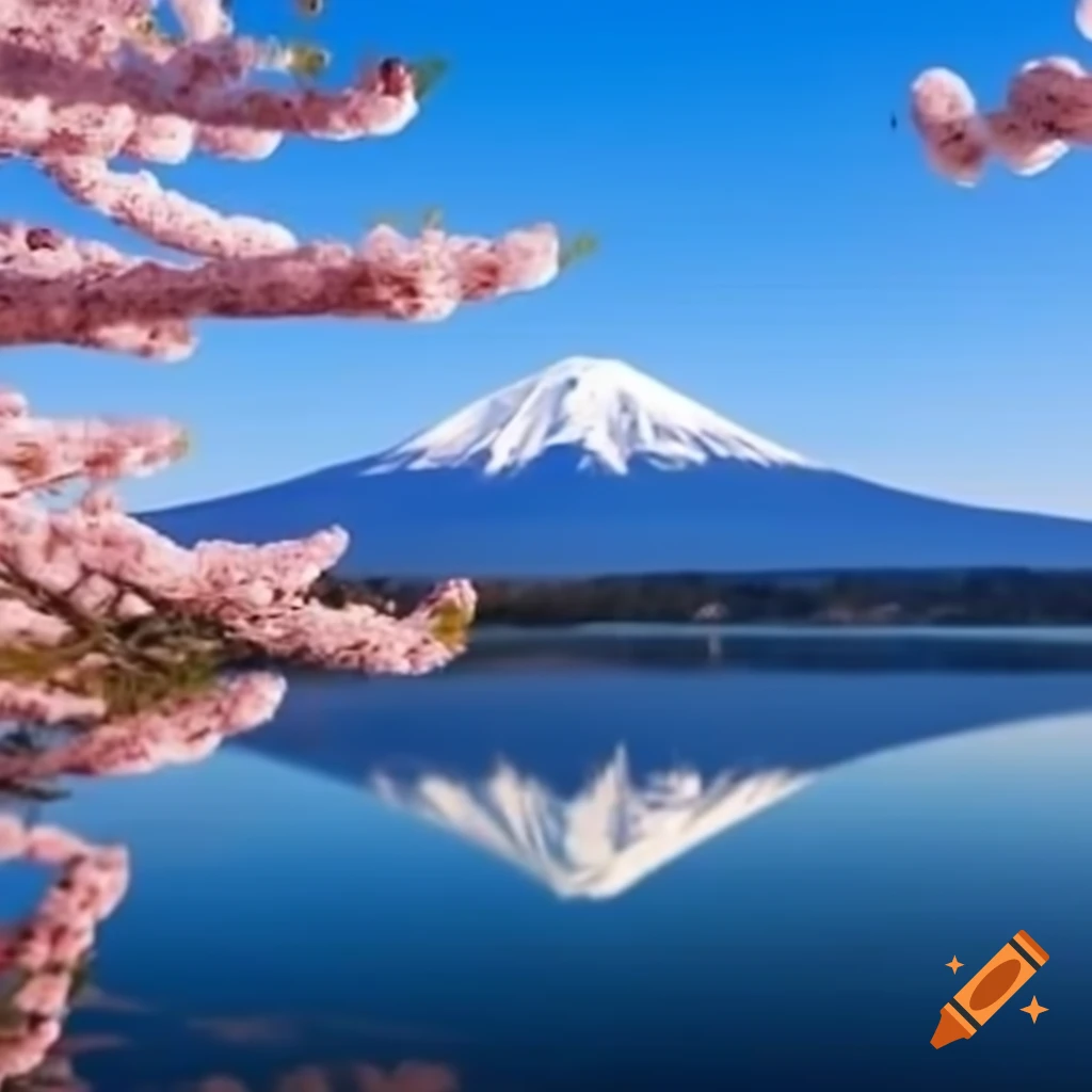 Mount Fuji reflecting in a lake surrounded by cherry blossoms